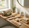 Zero-Waste Eco-Friendly Bamboo Bathroom Accessories Bundle (7-Pack) - Includes Boar Bristle Bath Brush, Loofah, Hair Comb, Detangling Hairbrush