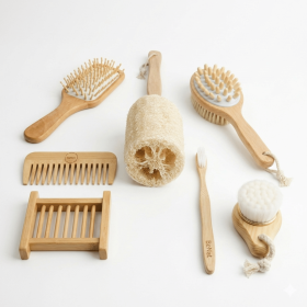 Zero-Waste Eco-Friendly Bamboo Bathroom Accessories Bundle (7-Pack) - Includes Boar Bristle Bath Brush, Loofah, Hair Comb, Detangling Hairbrush