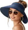 Sun Visor Hats for Women Wide Brim Ponytail Straw Beach Hat Packable Foldable UPF 50+ Floppy Travel Hats